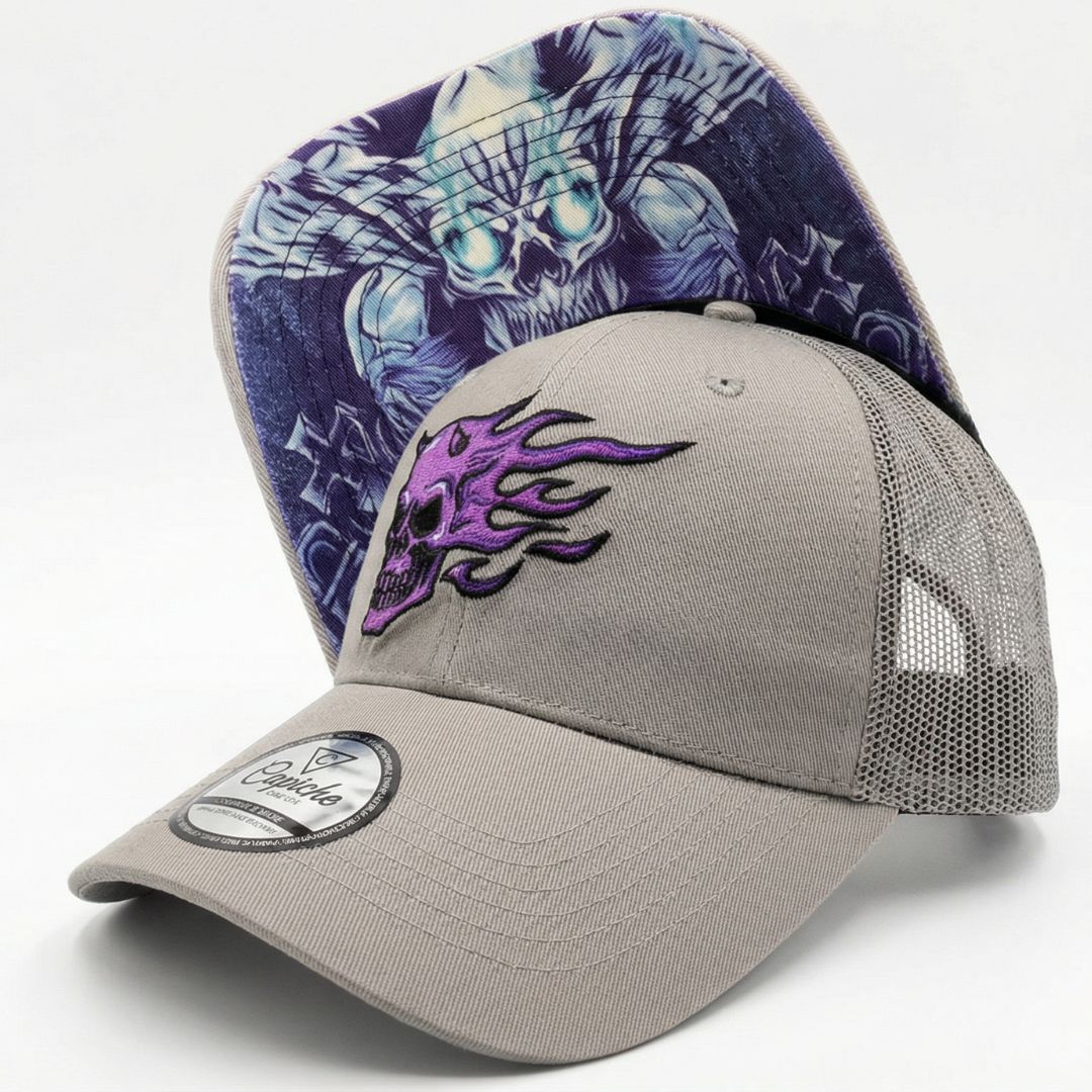 Purple Skull Trucker Cap - Grey