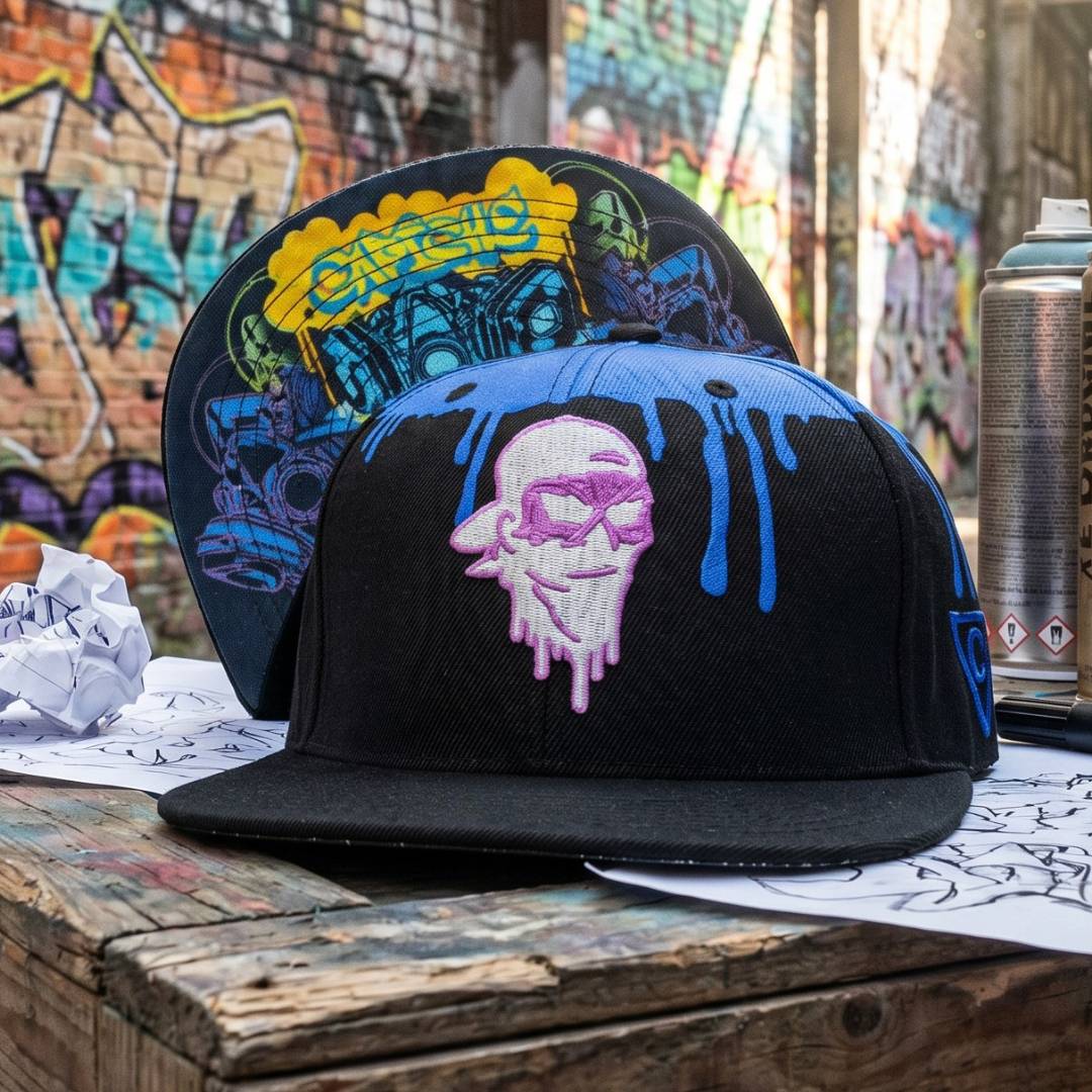 Czapka snapback z nadrukiem – czarna/niebieska z motywem graffiti
