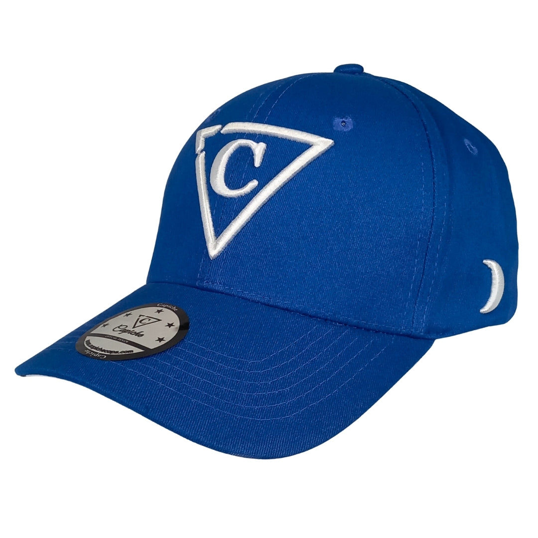 Blue cap with a white logo on a white background