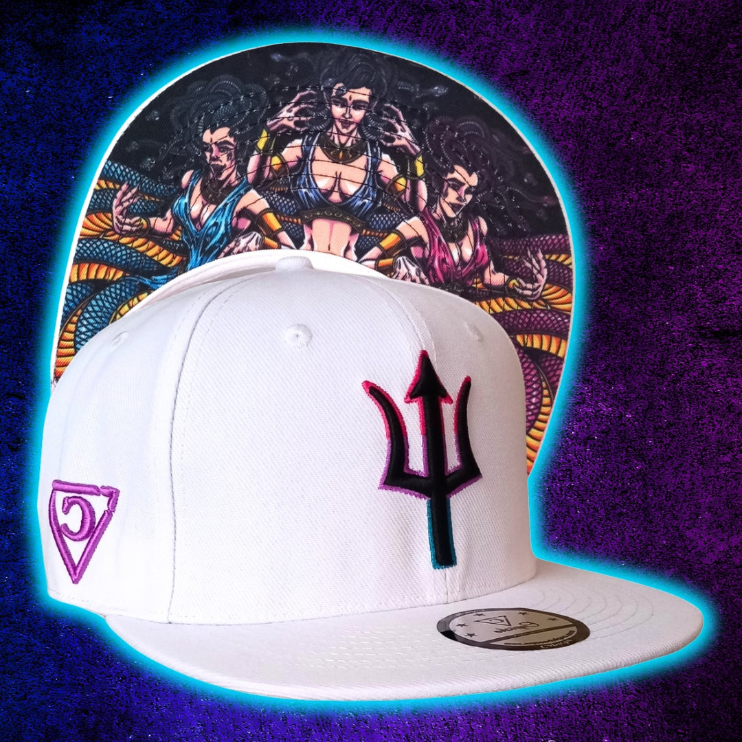 Side view of white snapback Gorgon Sisters from Ancient Greek collection from Capiche Caps