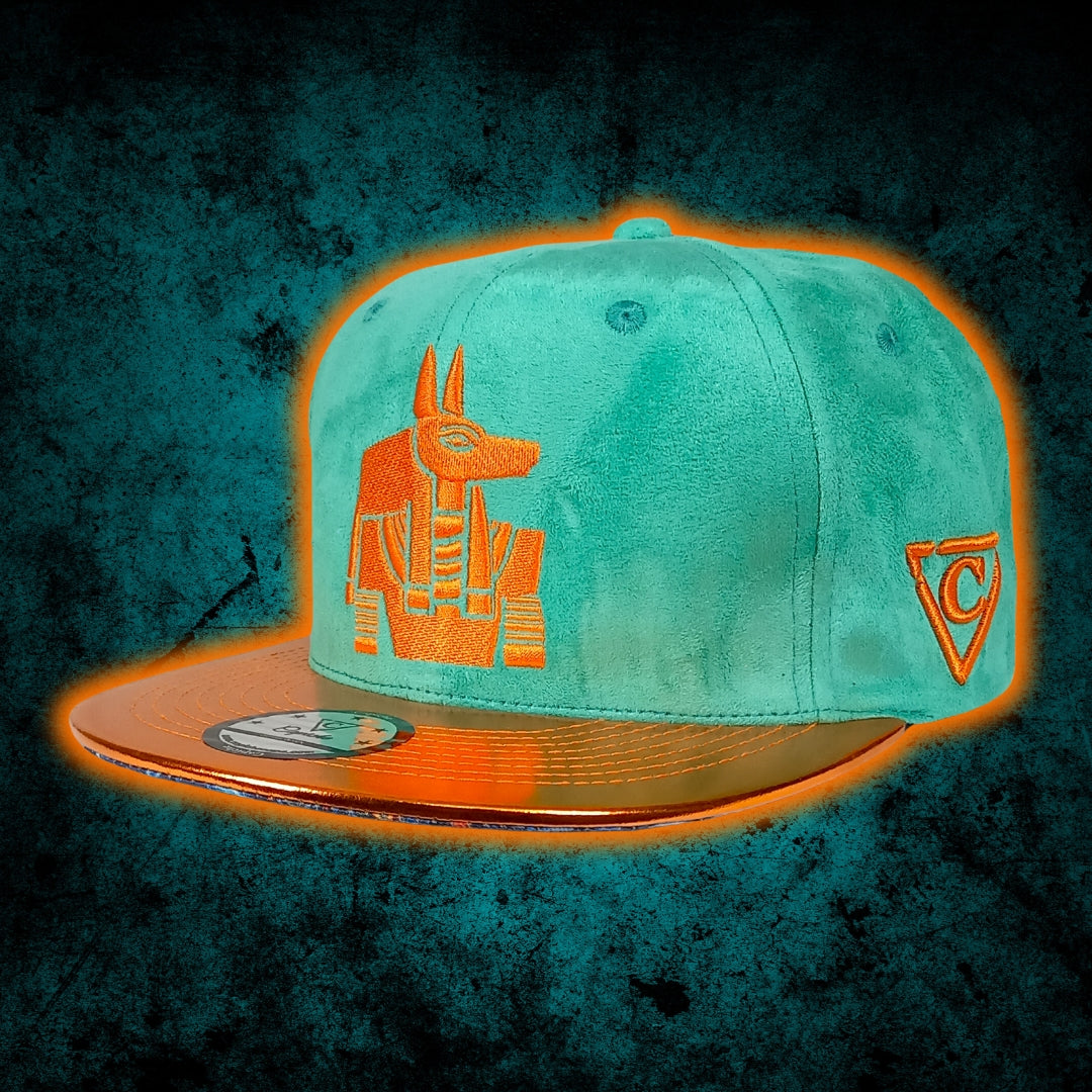 Cappellino Snapback Robot Anubis - Pelle scamosciata verde menta/arancione metallizzato crackling