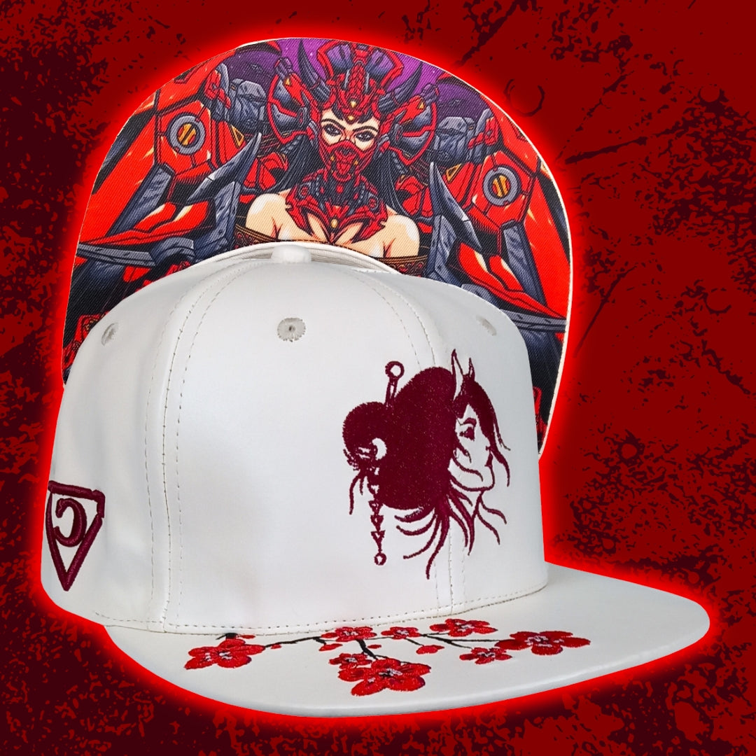 Robot Geisha Snapback - Weißes Kunstleder/Rote Kirschblüte