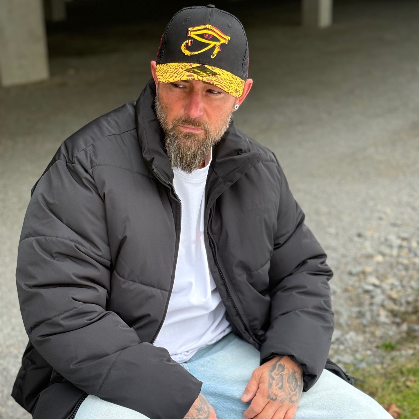 Robot Horus Trucker Cap - Black/Yellow Egyptian Pattern