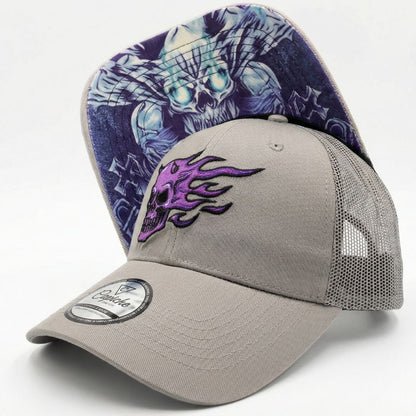 Purple Skull Trucker Cap - Grey