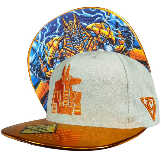 Robot Anubis Snapback - Mintgrünes Wildleder/Orange Crackling Metallic