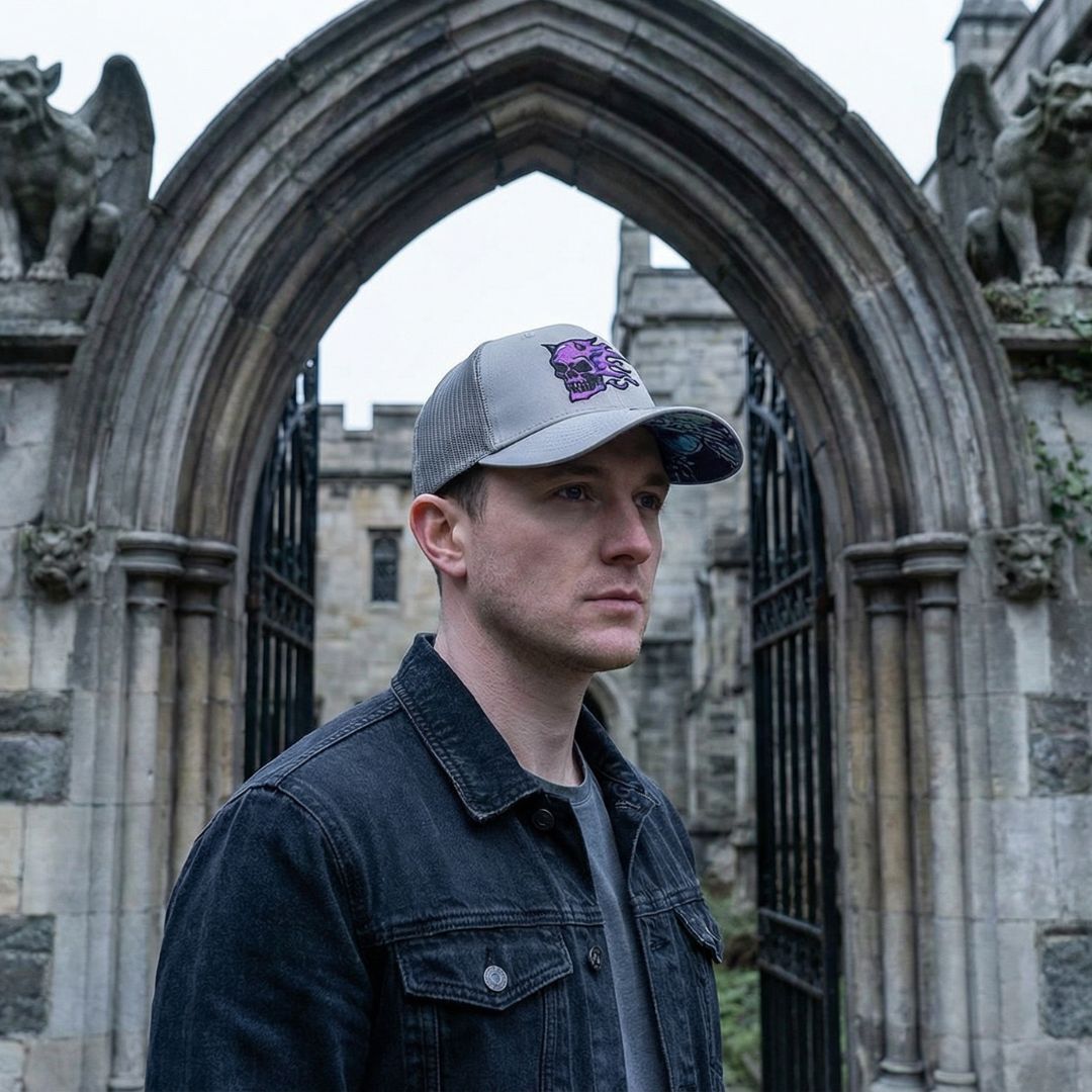 Purple Skull Trucker Cap - Grey