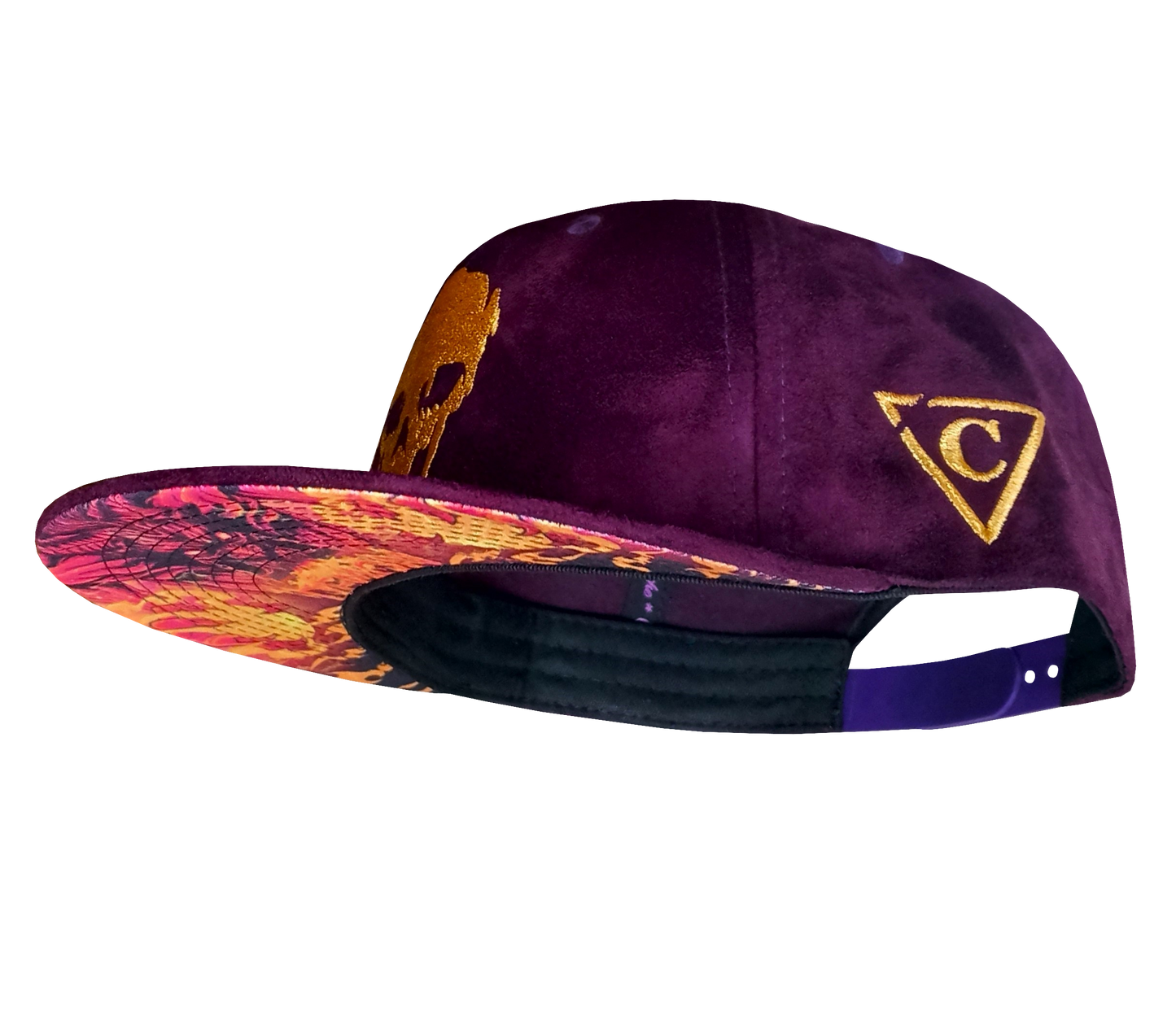 Gorra Demon Snapback de gamuza morada e hilo dorado