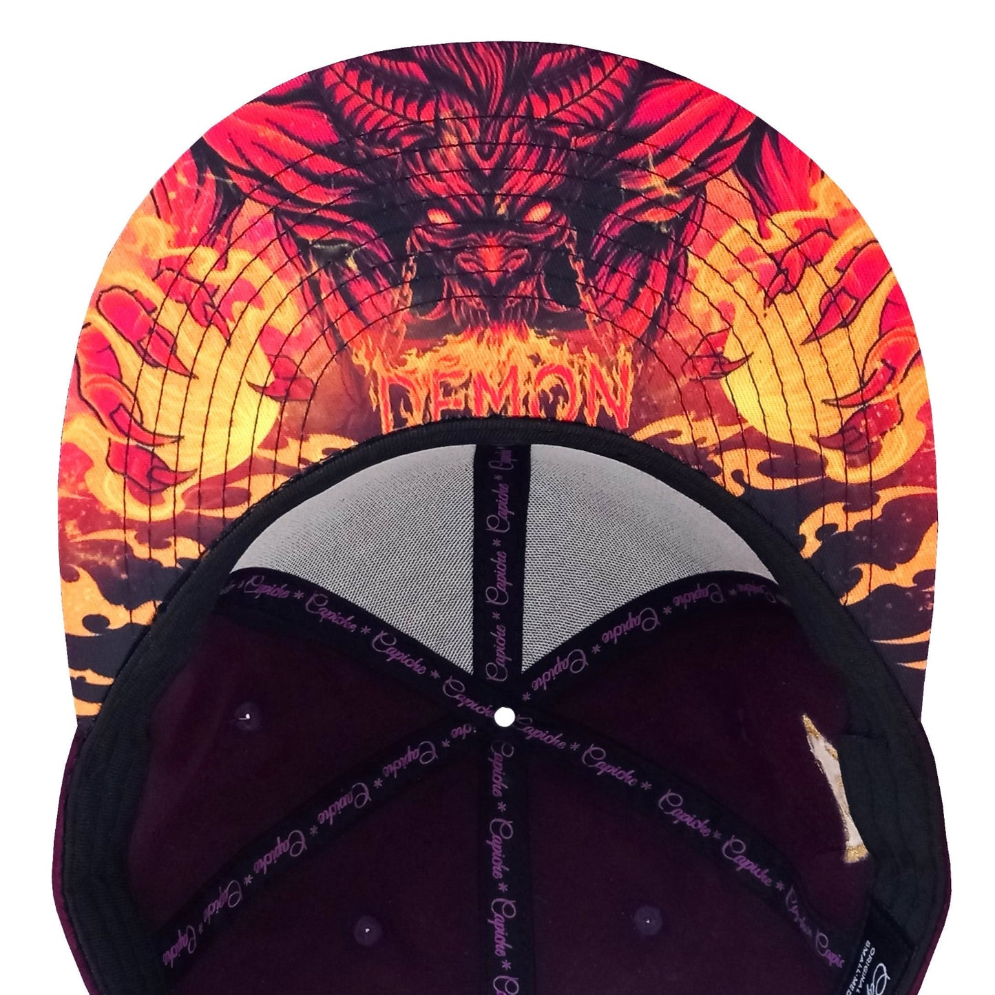 Colorful cap with dragon design on the back against a white background
