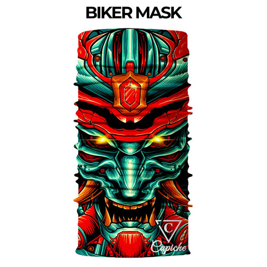 Chrome Samurai Biker Mask - Green/Red