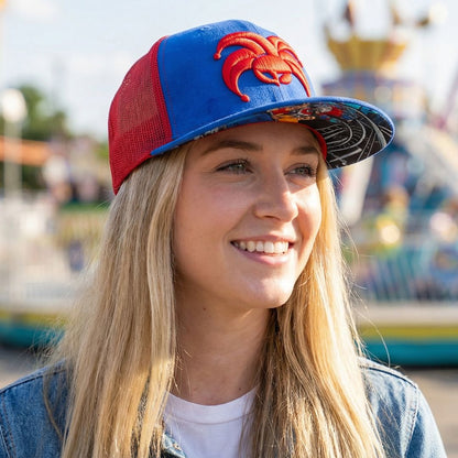 Wild Ride Trucker Snapback - Blauw suède/rood gaas
