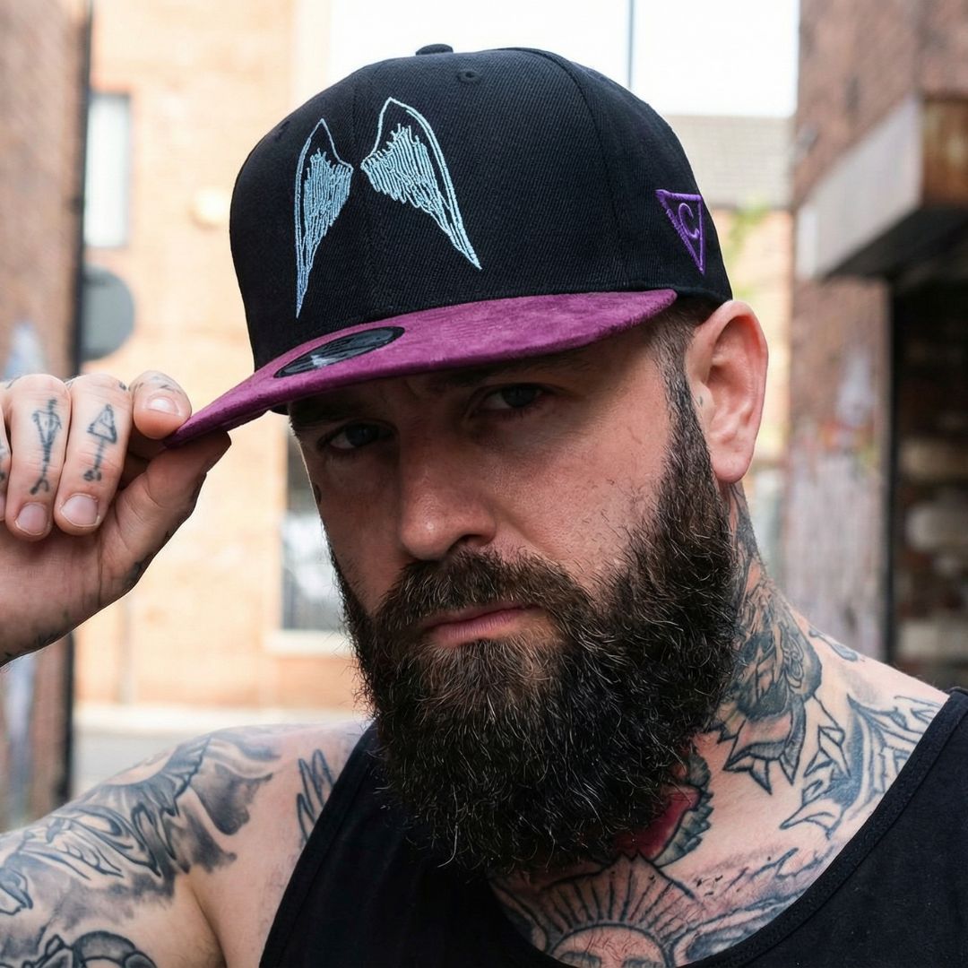 Angels of Death Snapback - Black/Purple Suede | CAPICHE CAPS