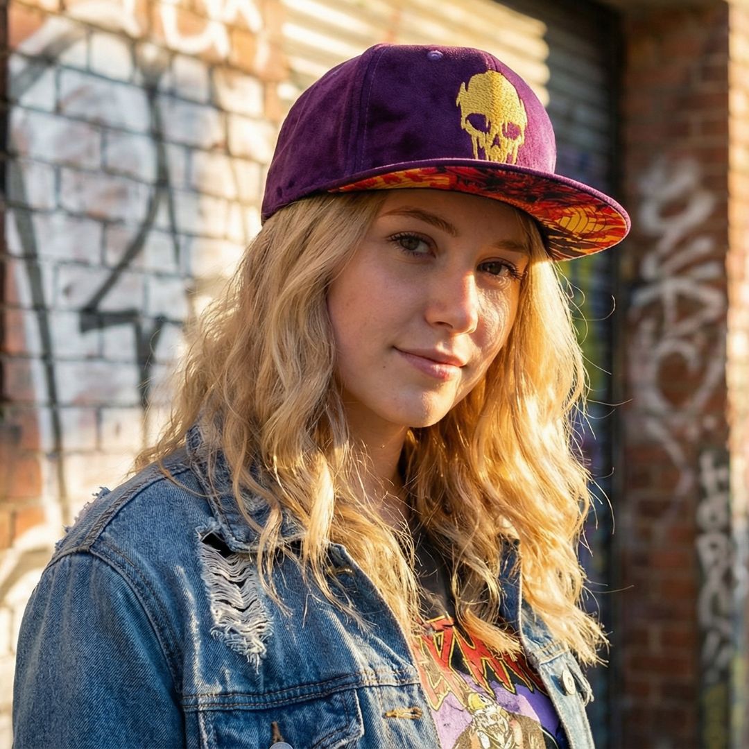 Snapback Demon - fioletowy zamsz i złota nić