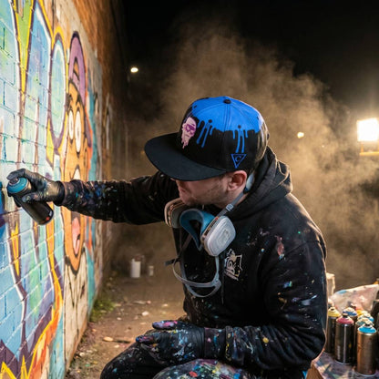 Czapka snapback z nadrukiem – czarna/niebieska z motywem graffiti