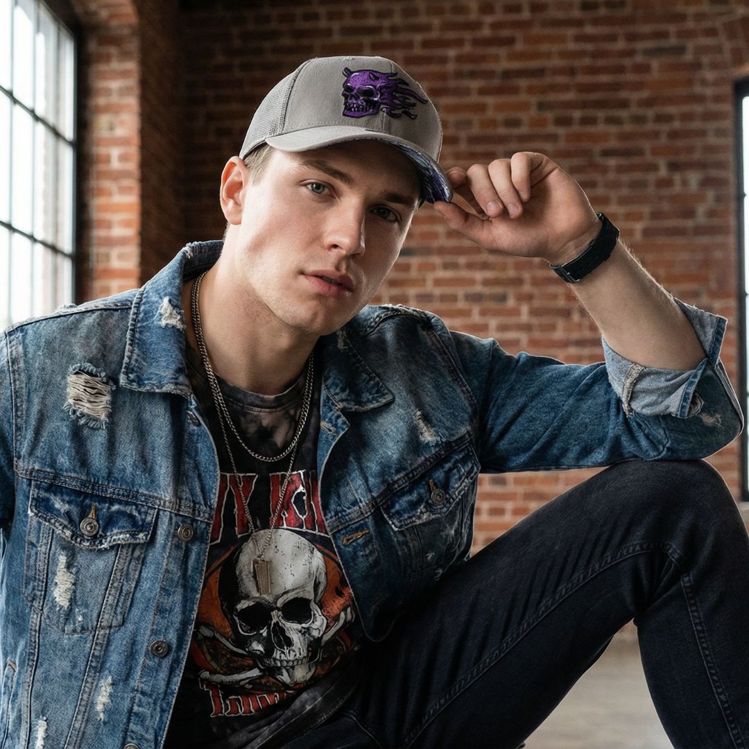 Purple Skull Trucker Cap - Grey