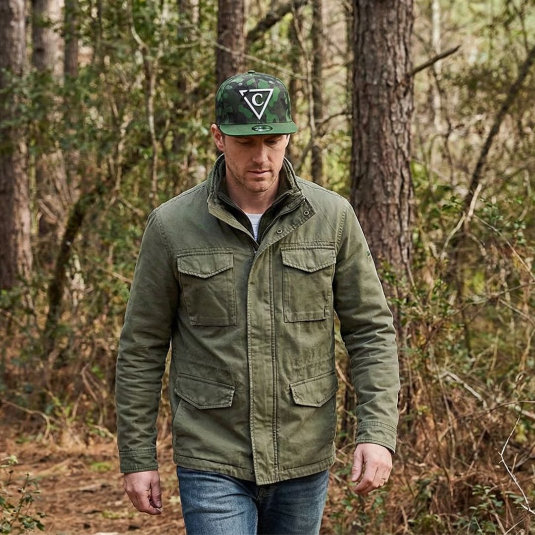 Grünes Camouflage-Snapback – Krempe aus Wildleder