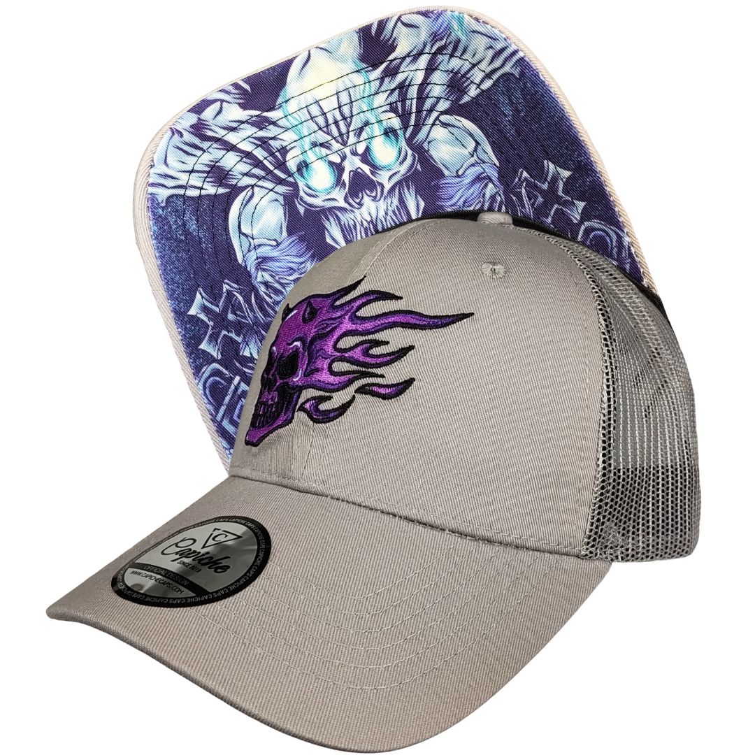 Purple Skull Trucker Cap - Grey