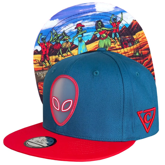 Blue Snapback Hat with Red Visor and Alien Party Design