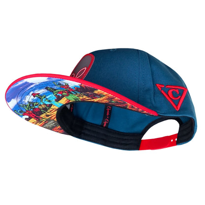 Side View of Blue Snapback Cap with Alien Party Design at the bottom