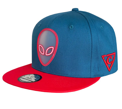 Front Side of Blue Snapback with Red Brim and Red Alien Logo from Capiche Caps