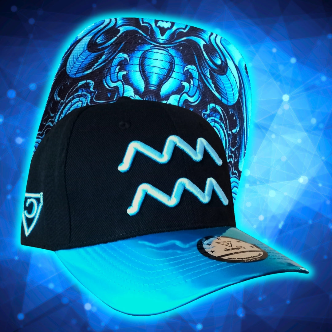 Front View of Aquarius Black Curved Cap with Blue Metallic Brim from Capiche Caps Zodiac Sign