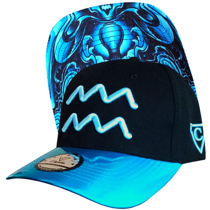 Aquarius Black Curved Cap with Blue Metallic Brim from Capiche Caps Zodiac Sign