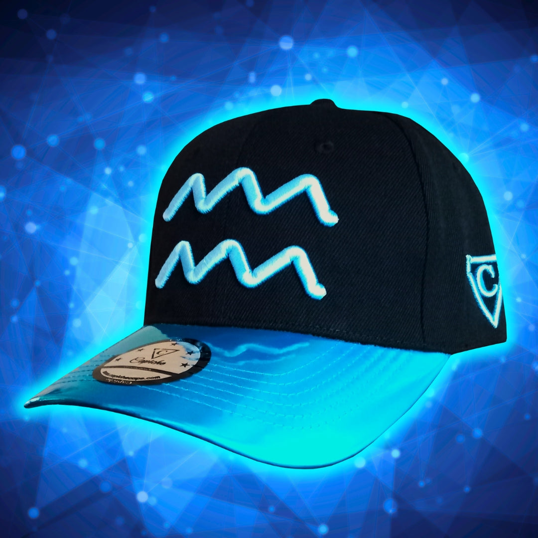 Aquarius Black Curved Cap with Blue Metallic Brim from Capiche Caps Zodiac Sign