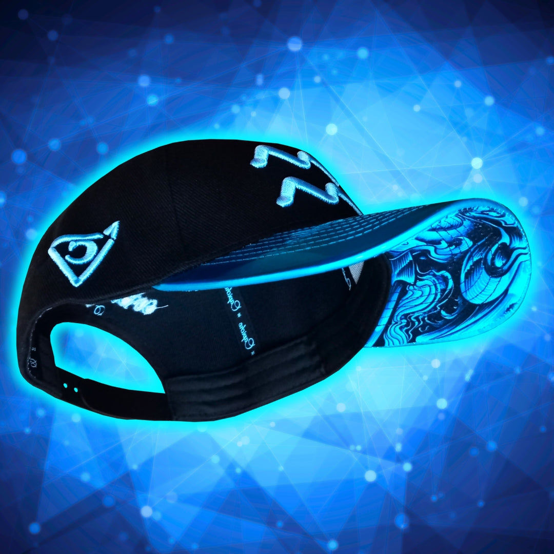 Side View of Aquarius Black Curved Cap with Blue Metallic Brim from Capiche Caps Zodiac Sign