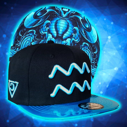 Front View of Aquarius Black Snapback Hat with Blue Metallic Brim Zodiac Sign from Capiche Caps