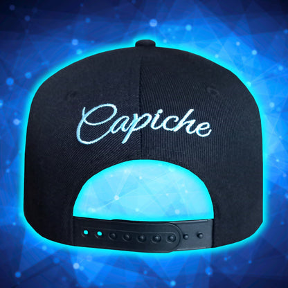 Back View of Aquarius Black Snapback Hat with Blue Metallic Brim Zodiac Sign from Capiche Caps