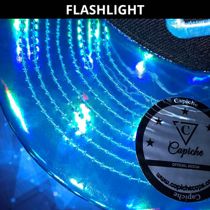 Blue Metallic Brim from Aquarius Snapback with Flashlight on it