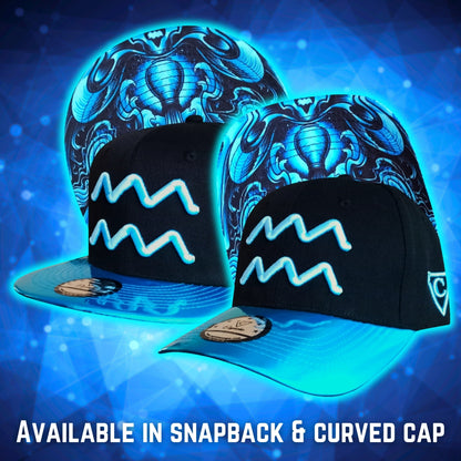 Aquarius Black Curved Cap and Snapback with Blue Metallic Brim from Capiche Caps Zodiac Sign