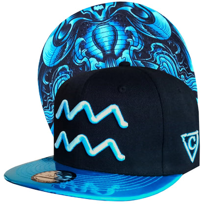 Aquarius Black Snapback Hat with Blue Metallic Brim Zodiac Sign from Capiche Caps