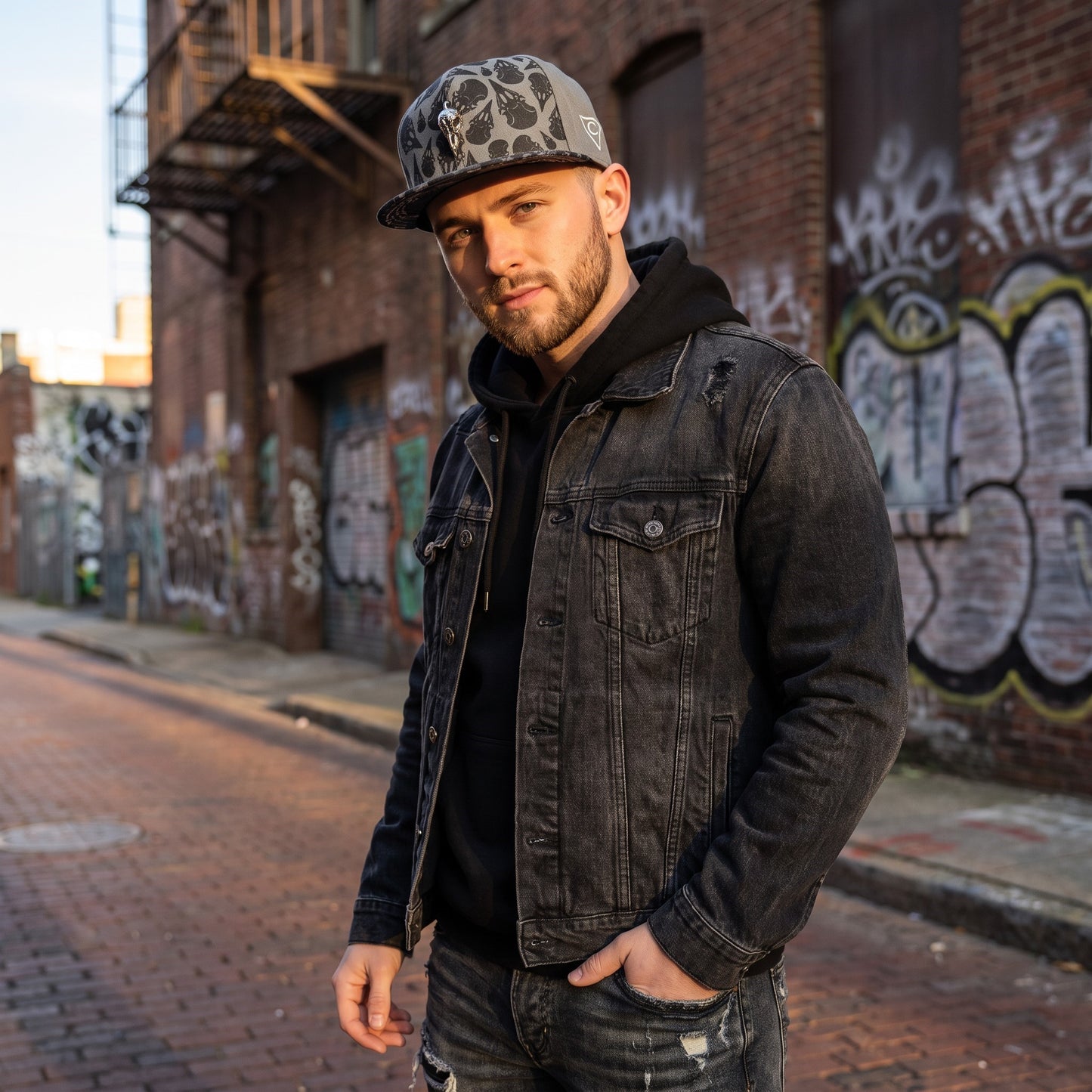 ÉDITION LIMITÉE : casquette Snapback Awakened Raven - Gris/Noir avec breloque en forme de crâne de corbeau