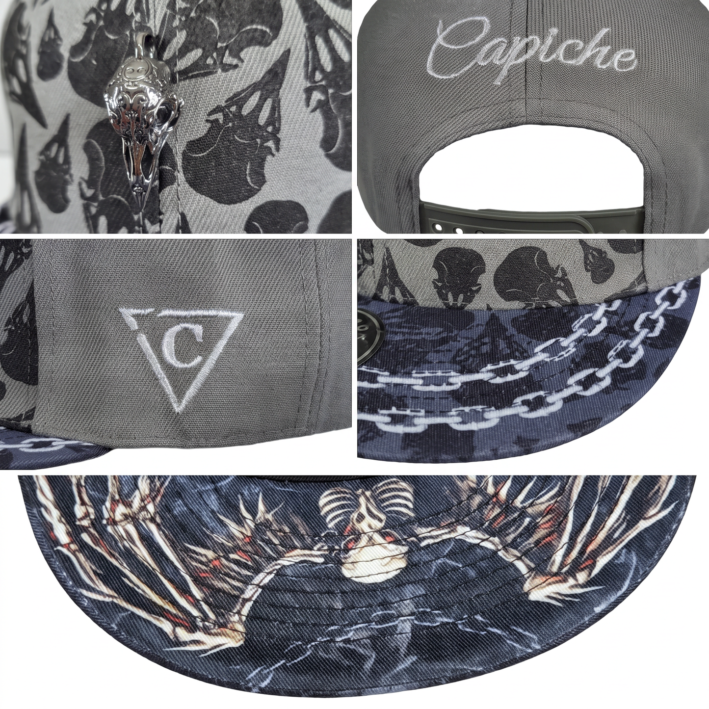 ÉDITION LIMITÉE : casquette Snapback Awakened Raven - Gris/Noir avec breloque en forme de crâne de corbeau