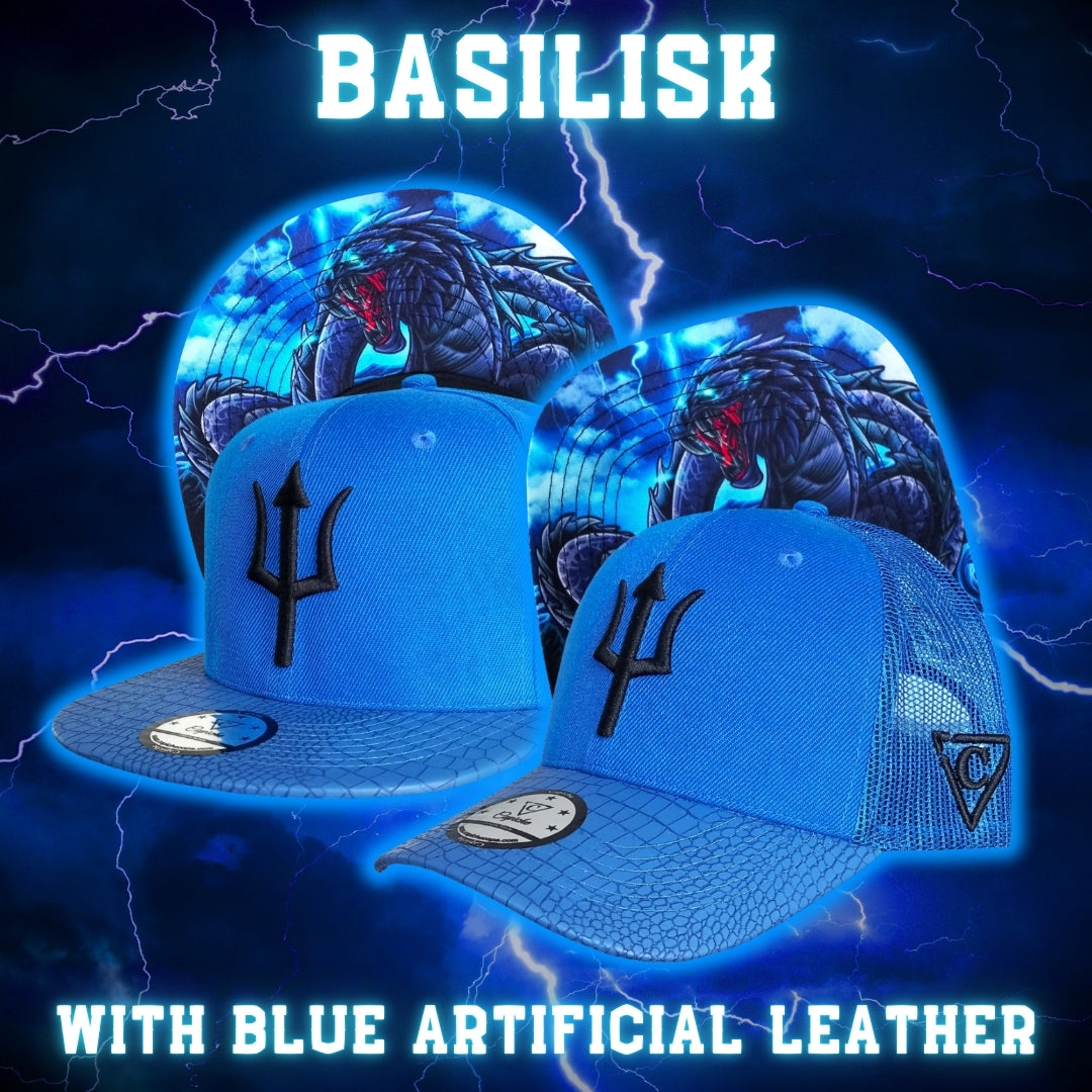 Basilisk Trucker Cap - Blue & Artificial Leather | CAPICHE CAPS