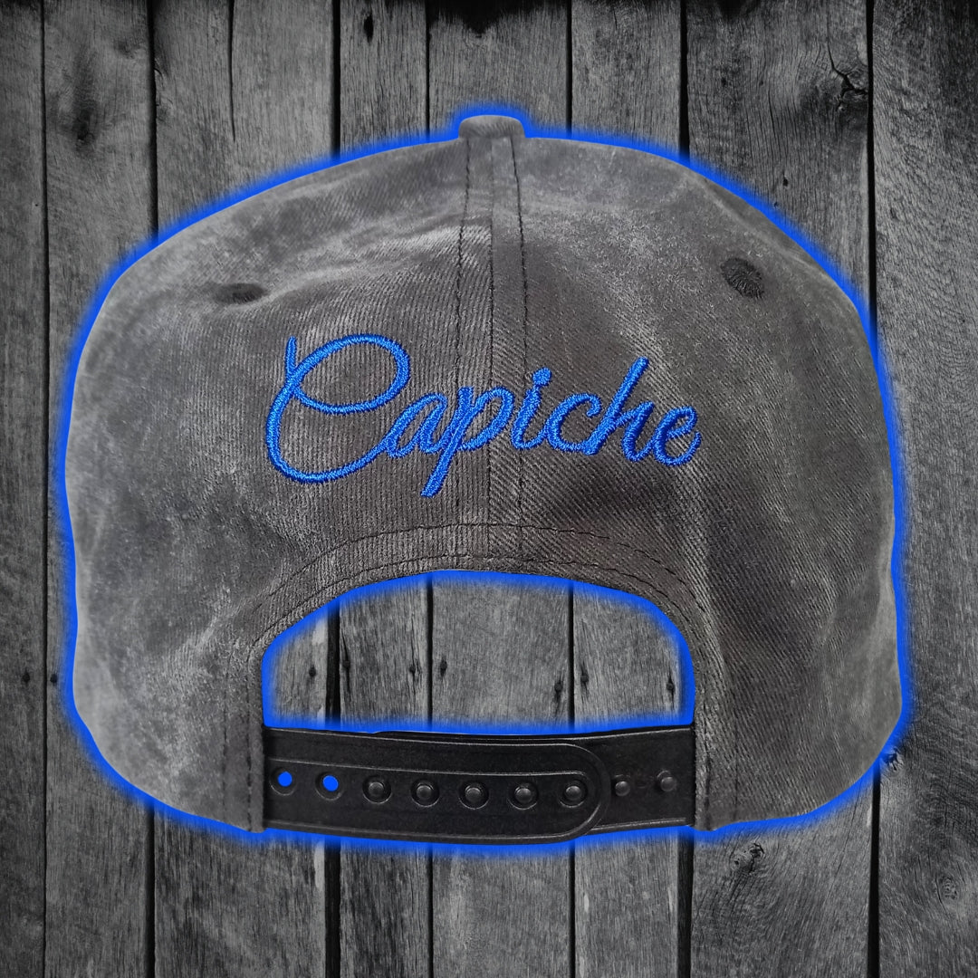 Gorra Bull Rodeo Snapback - Tela lavada gris oscuro y piel sintética azul