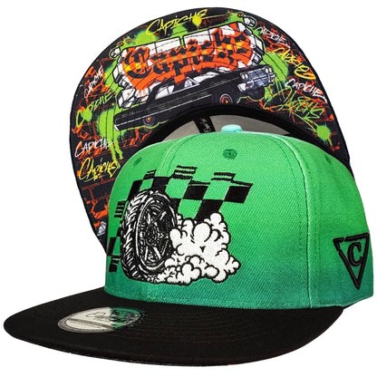 Green and black cap with graphic design on a white background