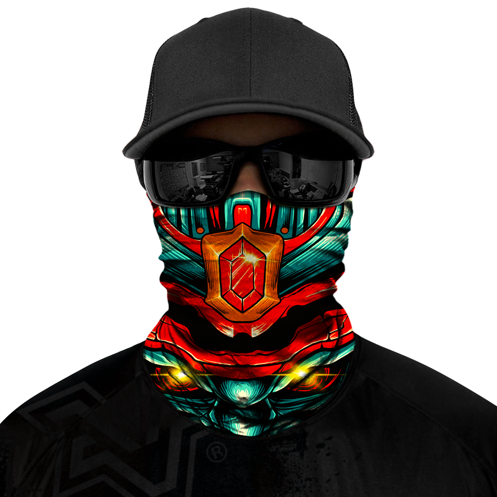 Chrome Samurai Biker Mask - Green/Red