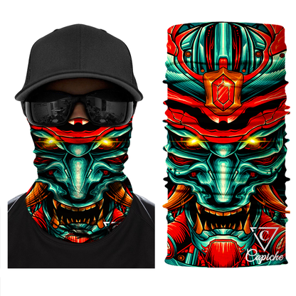 Chrome Samurai Biker Mask - Green/Red