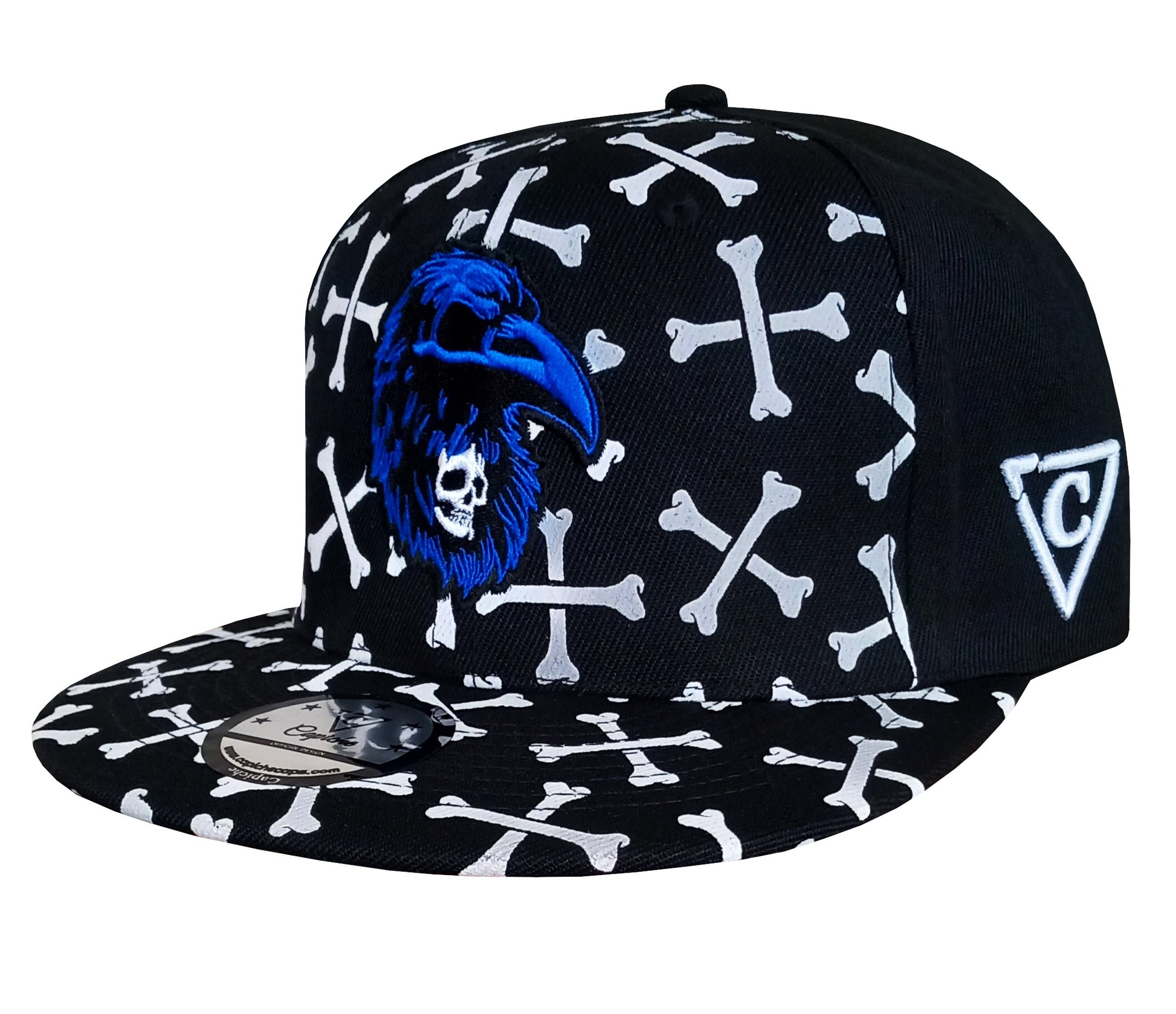 Front View of Dark Message Black Snapback with White Bone Print from Capiche Caps