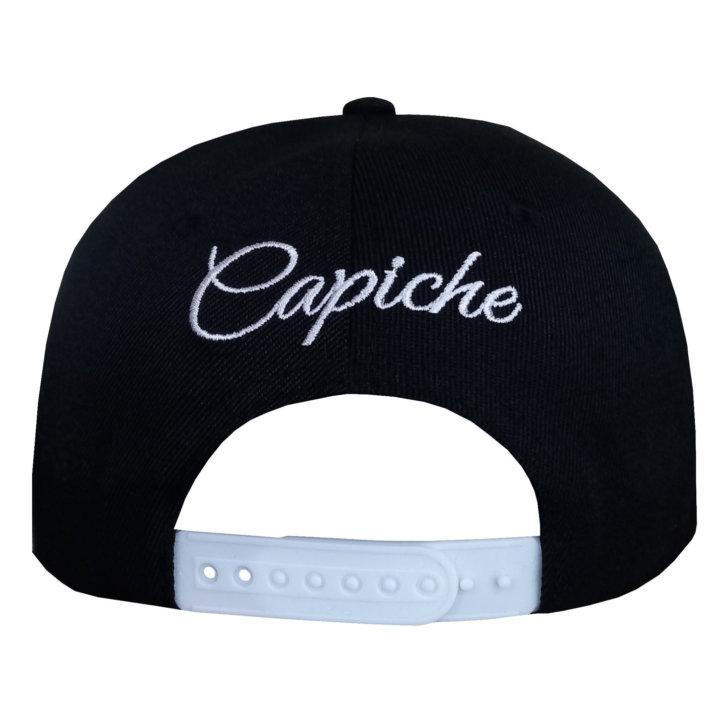 Back View of Dark Message Black Snapback with White Bone Print from Capiche Caps