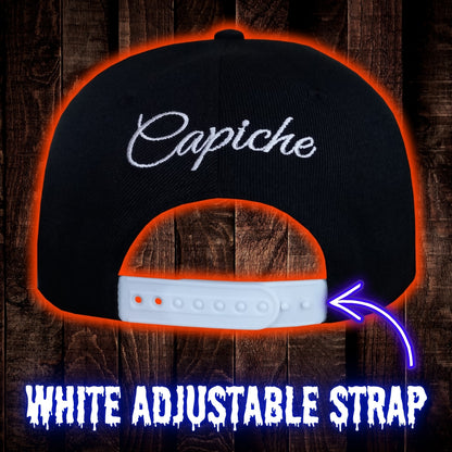 Back View of Dark Message Black Snapback with White Bone Print from Capiche Caps