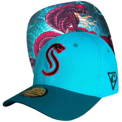 Fire Snake Curved Baseball Hat in a blue color and red front logo from Capiche Caps