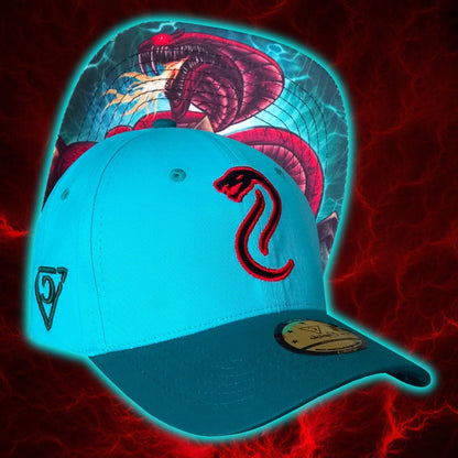 Front view of the blue curved cap Fire Snake with a red snake logo at the front from Capiche Caps