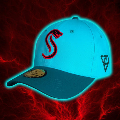 Front view of a blue curved cap with a red snake logo from the high-end headwear company Capiche