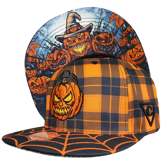 LIMITED EDITION Halloween 2026 Snapback - Orange Plaid Pattern/Black Spider Web
