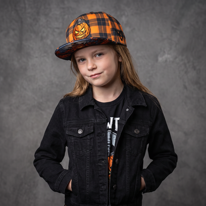Edycja limitowana na Halloween 2026 – czapka typu snapback w rozmiarze dziecięcym – pomarańczowy wzór w kratę / czarna pajęczyna