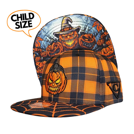 LIMITED EDITION Halloween 2026 Snapback Child Size - Orange Plaid Pattern/Black Spider Web