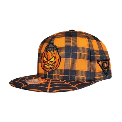 Edycja limitowana na Halloween 2026 – czapka typu snapback w rozmiarze dziecięcym – pomarańczowy wzór w kratę / czarna pajęczyna