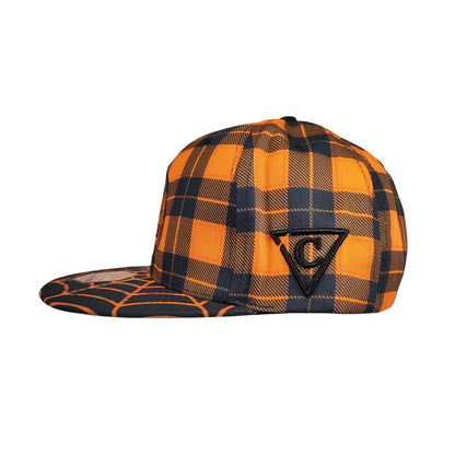 Edycja limitowana na Halloween 2026 – czapka typu snapback w rozmiarze dziecięcym – pomarańczowy wzór w kratę / czarna pajęczyna
